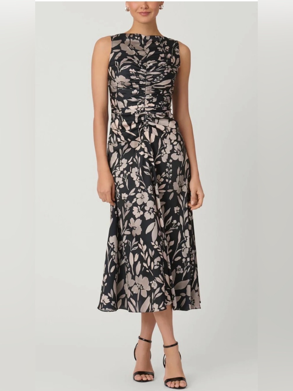 Shoshanna Rosetta Sleeveless Black Floral Midi Dress with Ecru Print 2 NEW NWT